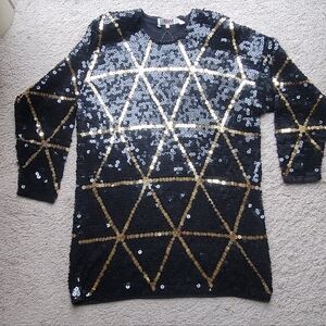 Vintage Black Sequin Tunic, Mini Dress 1980s Gold Disco Graphic Star Design Holi